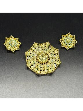 Vintage BSK Spider Web Brooch and Earring set - Canary Yellow and Turquoise
